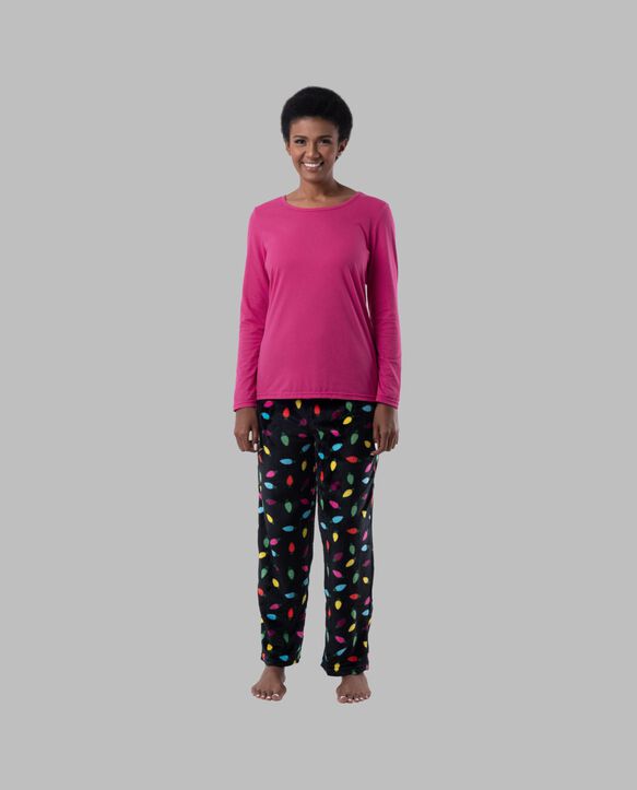 Women's Fleece  Top and Bottom,  2 Piece Pajama Set HOT PINK/CHRIMAS LIGHTS