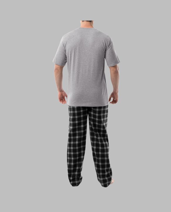 Fruit Of The Loom Men's Short Sleeve Jersey Knit Top and Fleece Sleep Pant, 2 Piece Set GREY PLAID SET
