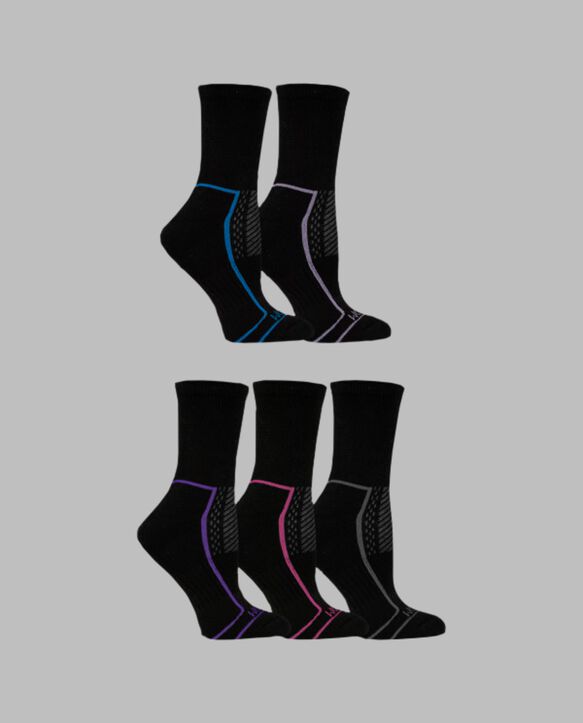 Women's Coolzone® Cushioned Cotton Crew Socks, 5 Pack BLACK/GREY, BLACK/PINK, BLACK/PURPLE, BLACK/LAVENDAR, BLACK/BLUE