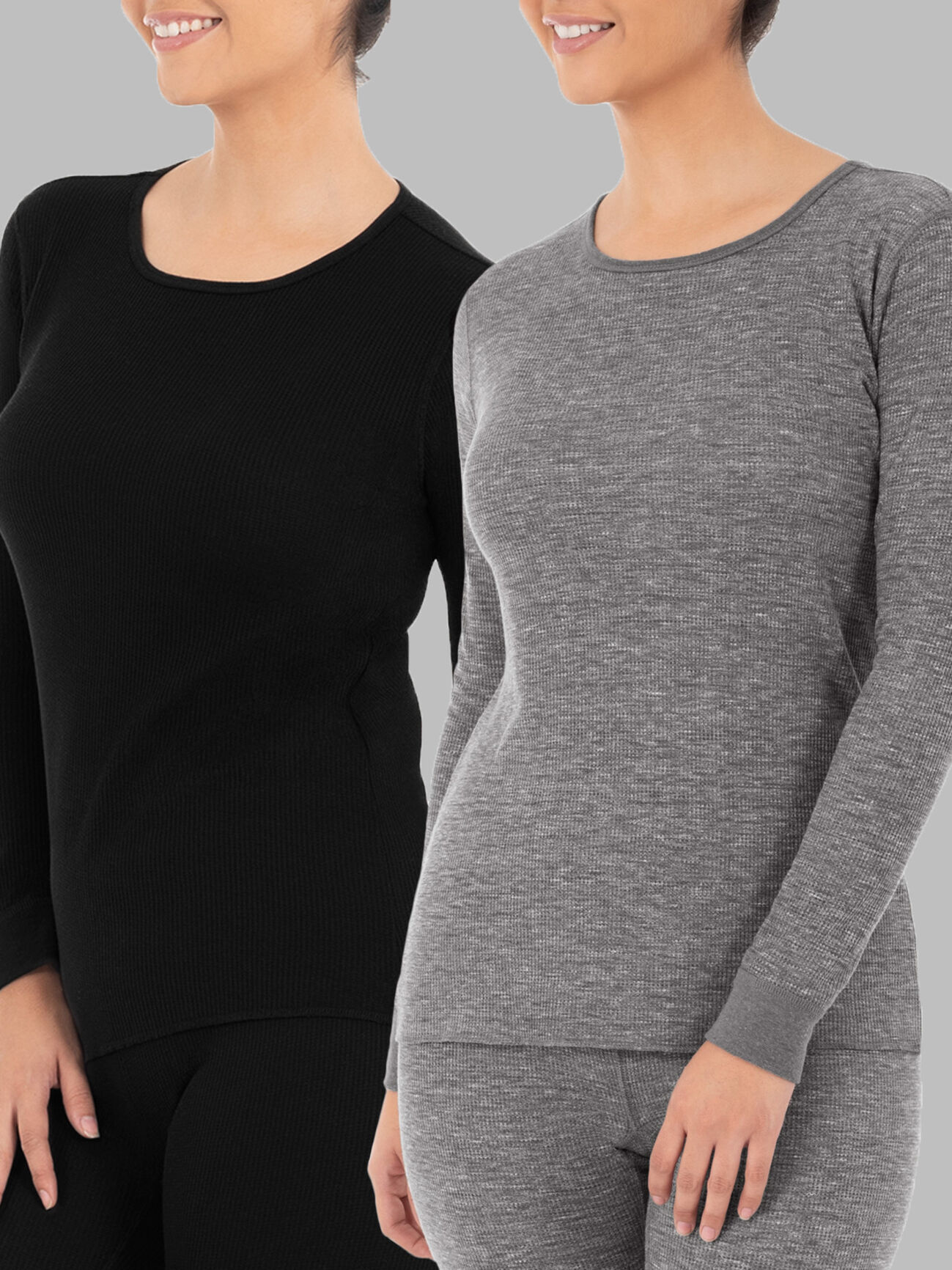 Women's Crew Neck Waffle Thermal Top, 2 Pack BLACK/SMOKE INJECTION HEATHER