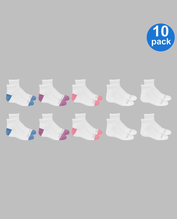 Girls' Cushioned Ankle Socks, 10 Pack WHITE/LIGHT BLUE, WHITE, WHITE/PINK, WHITE/PURPLE