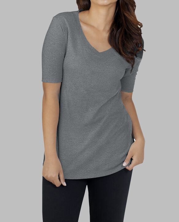 Women's Essentials Elbow Length V-Neck T-Shirt Oxford