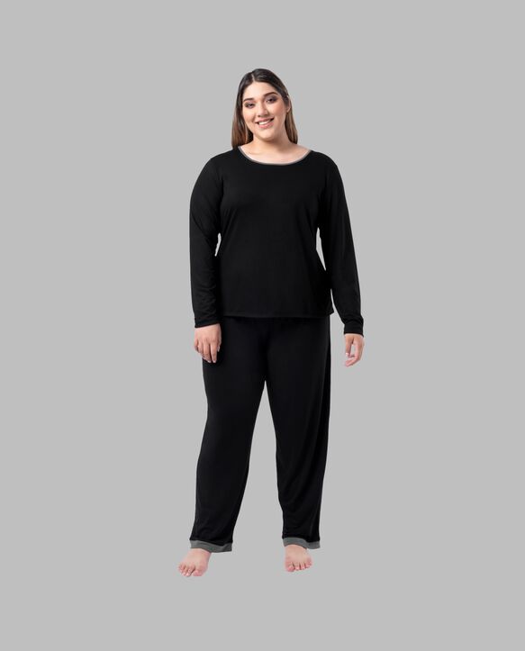 Women's Plus Soft & Breathable Plus Size Crew Neck Long Sleeve Shirt and Pants Pajama Set 