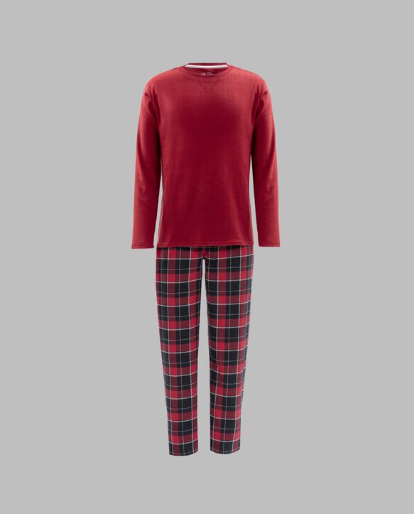 Fruit of the Loom Men's Long Sleeve Fleece Crew and Flannel Sleep Pant, 2 Piece Set RED