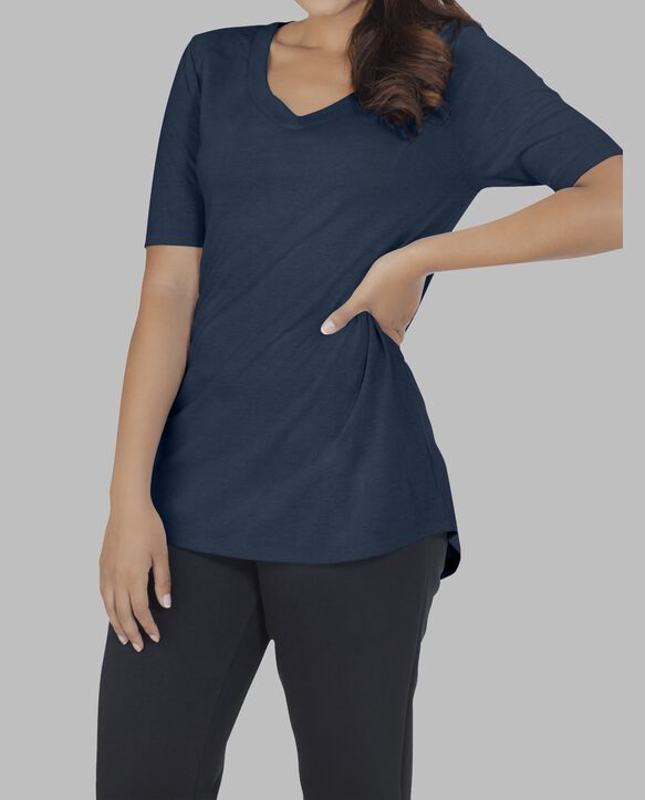 Women's Essentials Elbow Length V-Neck T-Shirt T Blue Heather