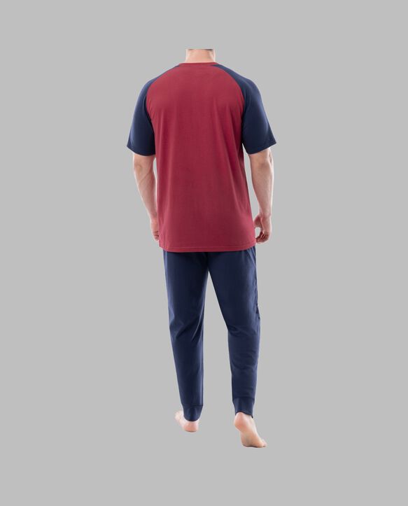 Fruit of the Loom Men's Jersey Short Sleeve Henley Top and Jogger Pant, 2 Piece Set RED/NAVY