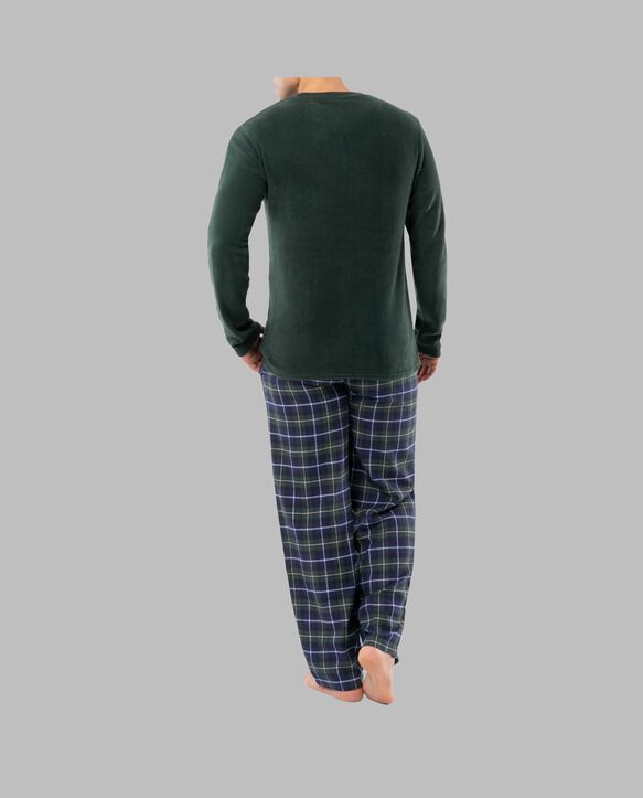 Fruit of the Loom Men's Long Sleeve Fleece Crew and Flannel Sleep Pant, 2 Piece Set GREEN