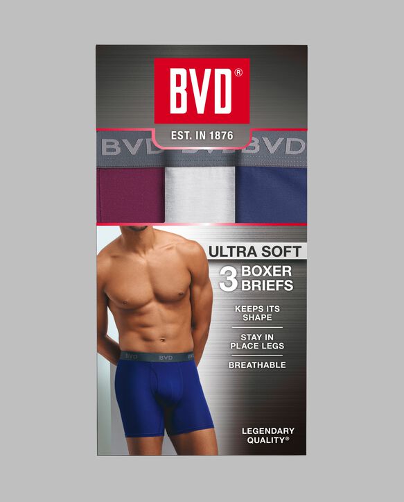 BVD® Men's Ultra Soft Boxer Briefs, Assorted 3 Pack Assorted
