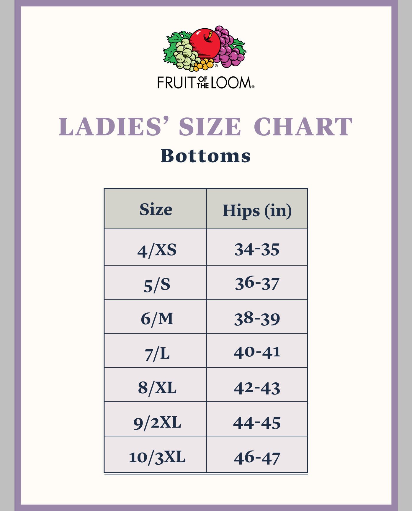 Size chart of underwear