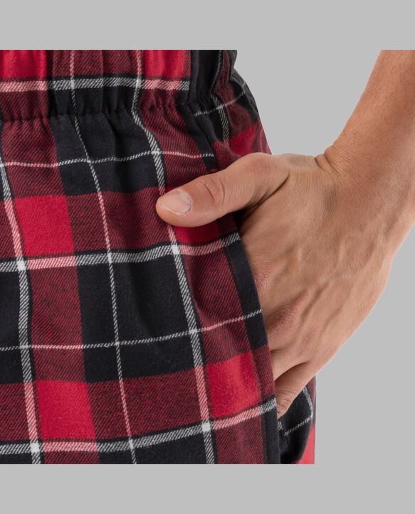 Fruit of the Loom Men's Long Sleeve Fleece Crew and Flannel Sleep Pant, 2 Piece Set RED