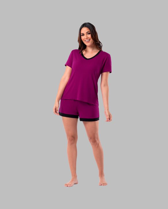 Women's Soft & Breathable V-Neck T-shirt and Shorts, 2-Piece Pajama Set Boysenberry