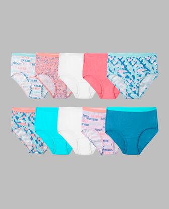 Girls' Cotton Low Rise Brief Underwear, Assorted 10 Pack Paintbrush/Text Print Assortment
