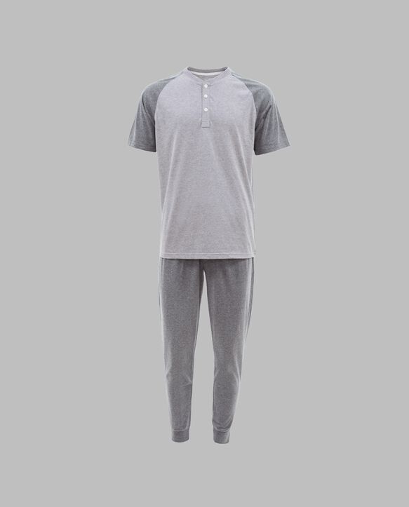 Fruit of the Loom Men's Jersey Short Sleeve Henley Top and Jogger Pant, 2 Piece Set GREY HEATHER