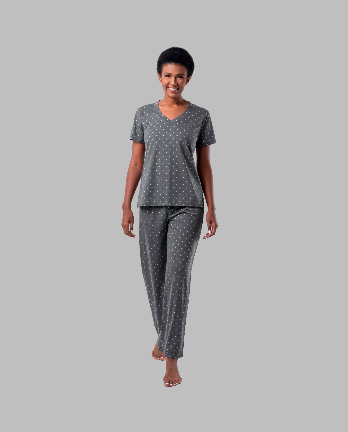 Women's Soft & Breathable V-Neck T-shirt and Pants, 2-Piece Pajama Set CHARCOAL PIN DOT