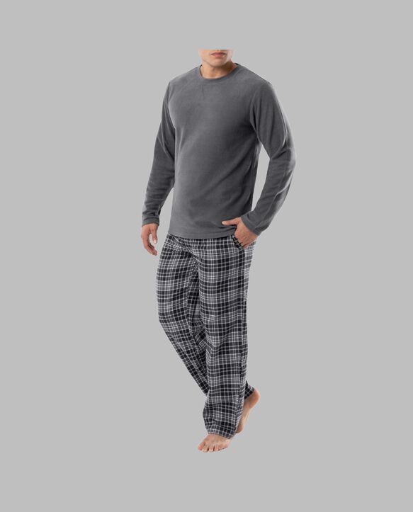 Fruit of the Loom Men's Long Sleeve Fleece Crew and Flannel Sleep Pant, 2 Piece Set GREY