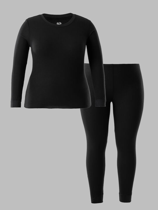 Women's Plus Size Thermal Crew Top & Bottom Set BLACK/BLACK