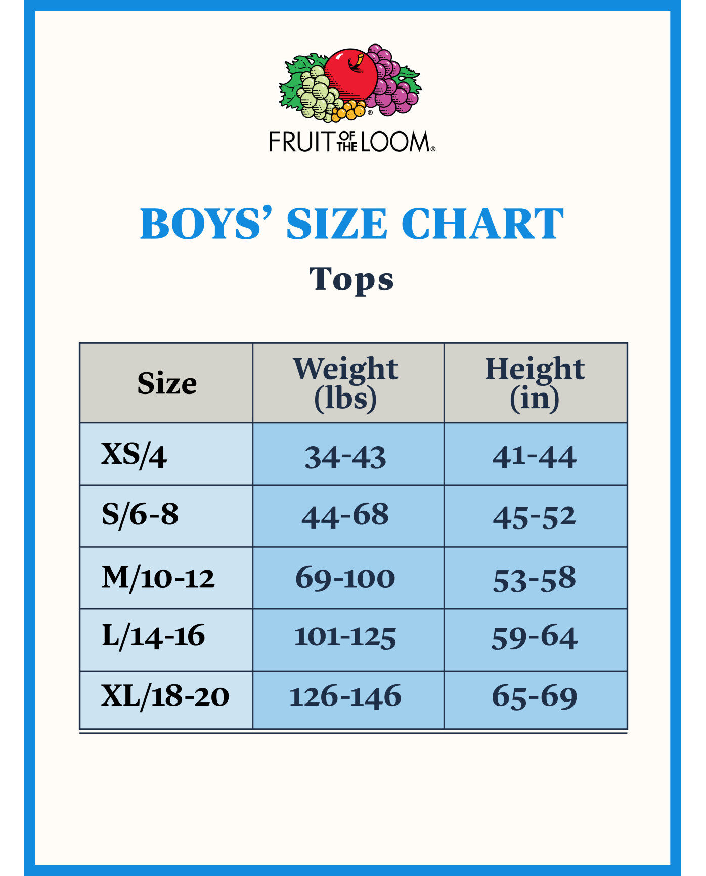 Boys Size Chart Shirts