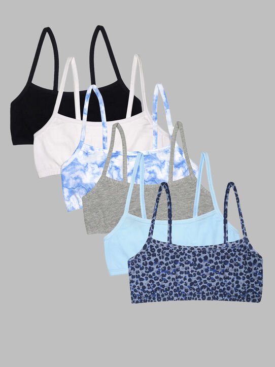 Girls' Spaghetti Strap Cotton Sports Bra, 6 Pack Multi Leo/Eyeshadow/Grey Heather/White/Marble Swirl/Black Hue