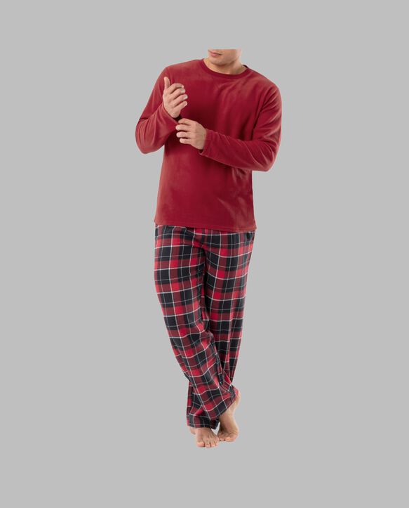 Fruit of the Loom Men's Long Sleeve Fleece Crew and Flannel Sleep Pant, 2 Piece Set RED