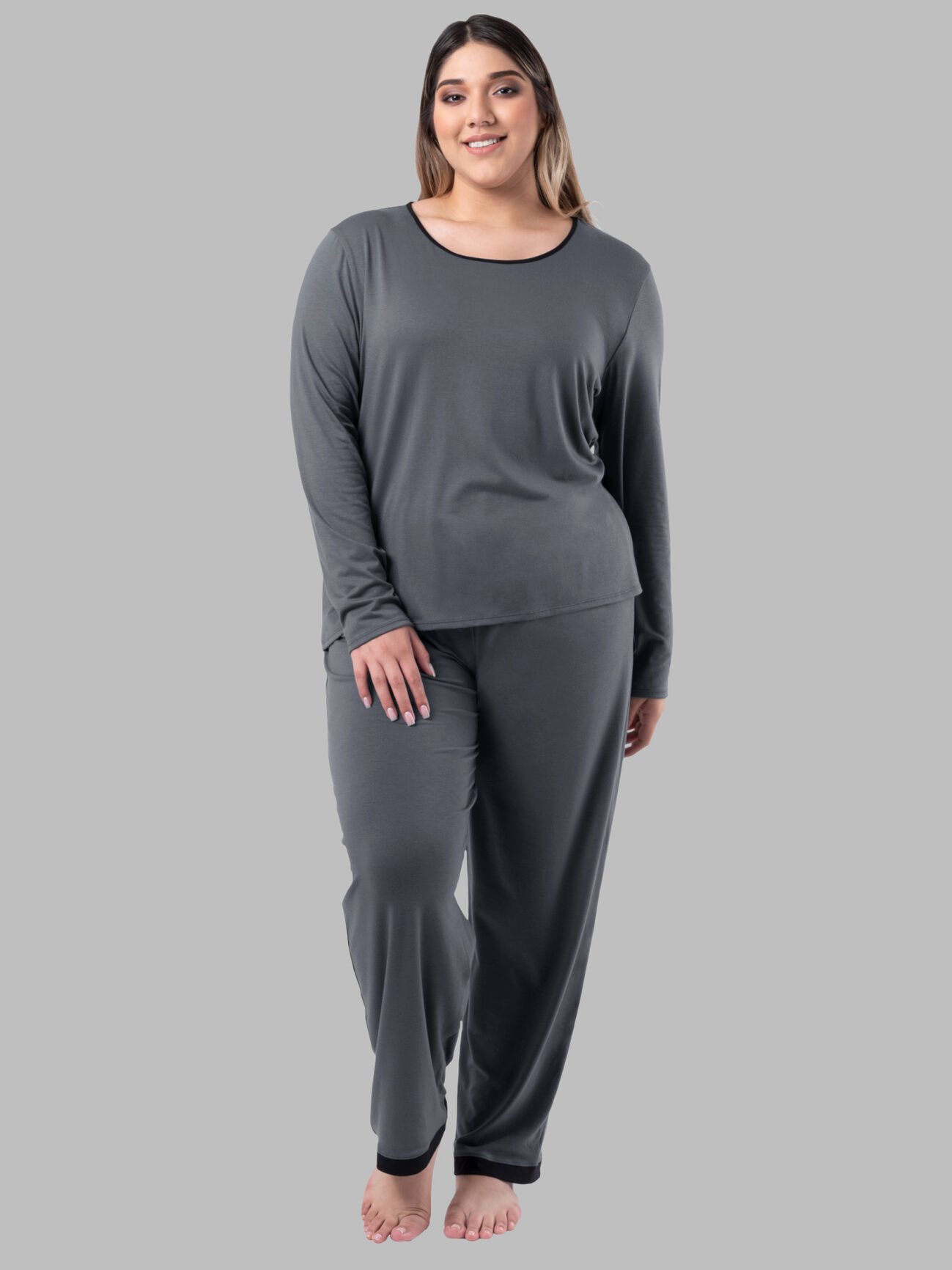 Women's Plus Fit for Me® Soft & Breathable Crew Neck Long Sleeve Shirt and Pants, 2 Piece Pajama Set MONUMENT