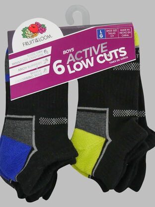 Boys' Active Low Cut Tab Socks Black Assorted, 6 Pack, Size L 