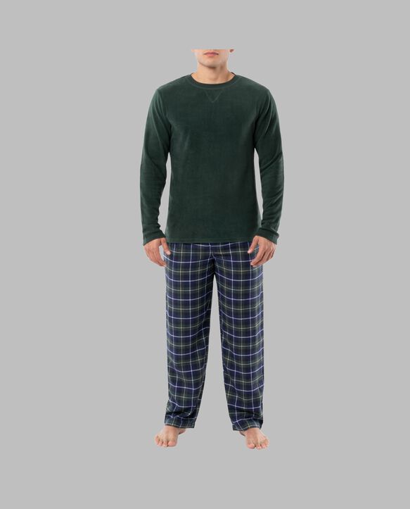 Fruit of the Loom Men's Long Sleeve Fleece Crew and Flannel Sleep Pant, 2 Piece Set GREEN