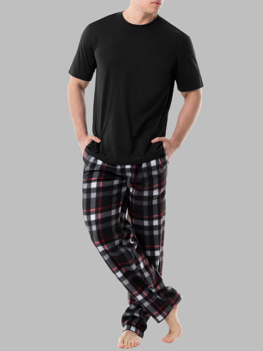 Fruit Of The Loom Men's Short Sleeve Jersey Knit Top and Fleece Sleep Pant, 2 Piece Set BLACK AND RED PLAID SET