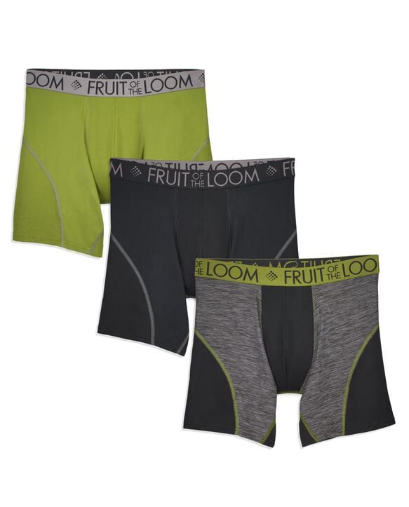 Fruit of the Loom Premium Breathable Performance Men's Boxer Briefs, 3 Pack  - Black/Green