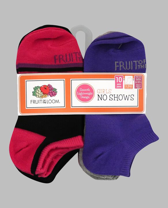 Girls' Lightweight No Show Socks, 10 Pack BLACK/PINK, BLACK/BLUE, BLACK/PURPLE, PURPLE, GREY, BLUE, PINK
