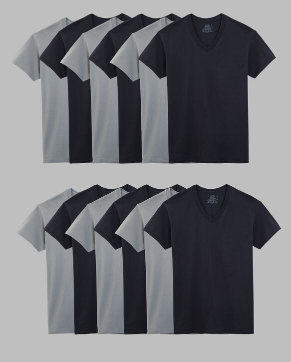 Men's Short Sleeve V-Neck T-Shirt, Black and Grey 6 Pack ASSORTED