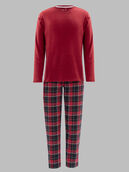 Fruit of the Loom Men's Long Sleeve Fleece Crew and Flannel Sleep Pant, 2 Piece Set RED