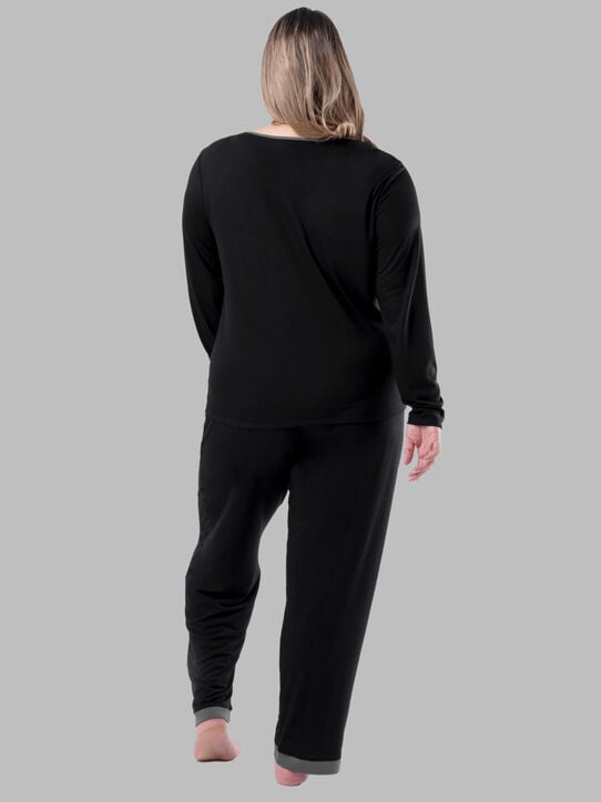 Women's Plus Fit for Me® Soft & Breathable Crew Neck Long Sleeve Shirt and Pants, 2 Piece Pajama Set BLACK SOOT