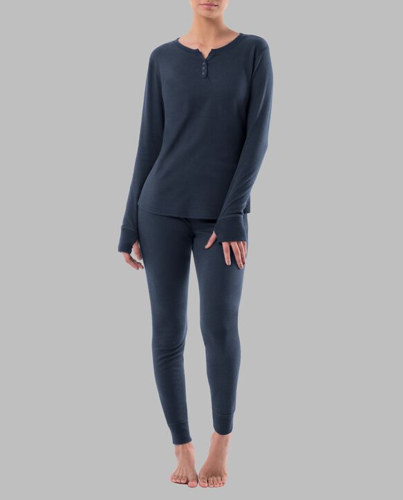 Women's Raschel Henley Top and Pant, 2-Piece Pajama Set NAVY