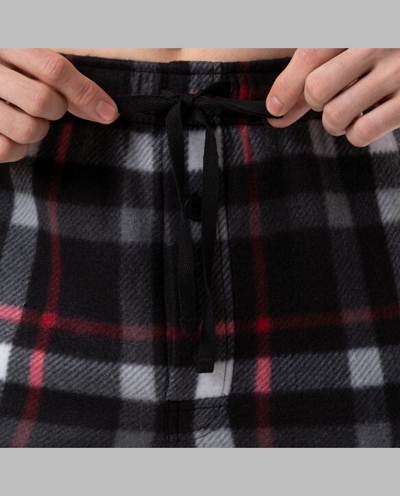 Fruit Of The Loom Men's Short Sleeve Jersey Knit Top and Fleece Sleep Pant, 2 Piece Set BLACK AND RED PLAID SET
