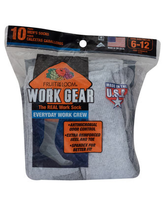 Men's Work Gear Crew Socks,  10 Pack, Size 6-12 SWEATSHIRT GREY/BLACK