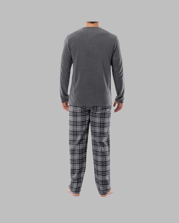 Fruit of the Loom Men's Long Sleeve Fleece Crew and Flannel Sleep Pant, 2 Piece Set GREY