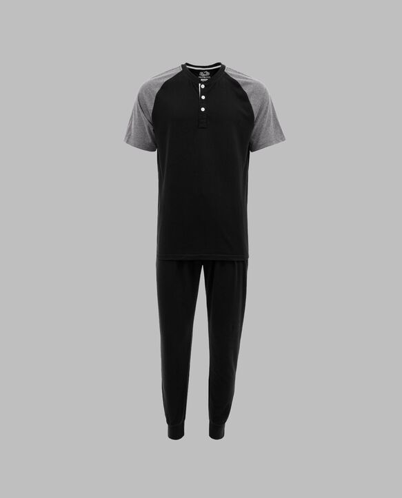 Fruit of the Loom Men's Jersey Short Sleeve Henley Top and Jogger Pant, 2 Piece Set BLACK/GREY HEATHER