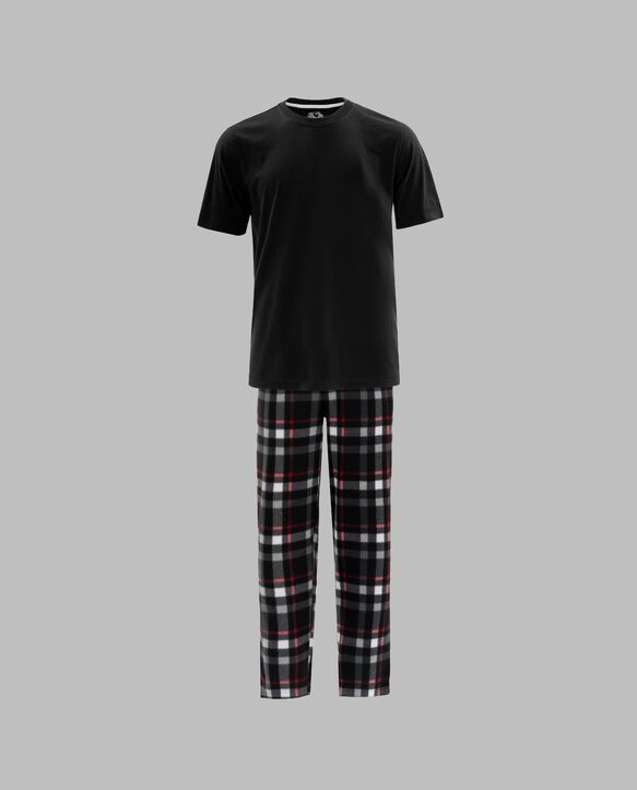 Fruit Of The Loom Men's Short Sleeve Jersey Knit Top and Fleece Sleep Pant, 2 Piece Set BLACK AND RED PLAID SET