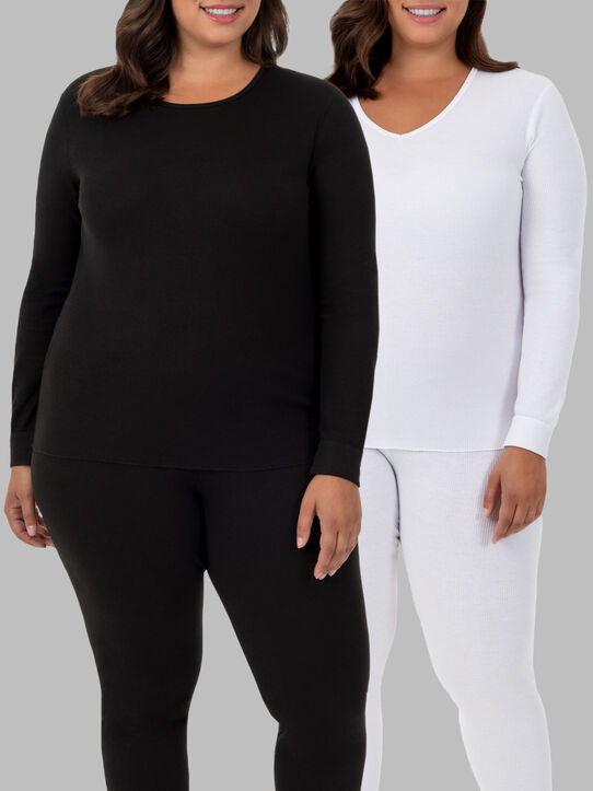 Women's Plus Size Thermal Crew Top & Bottom Set BLACK(CREW) /WHITE (VNECK)