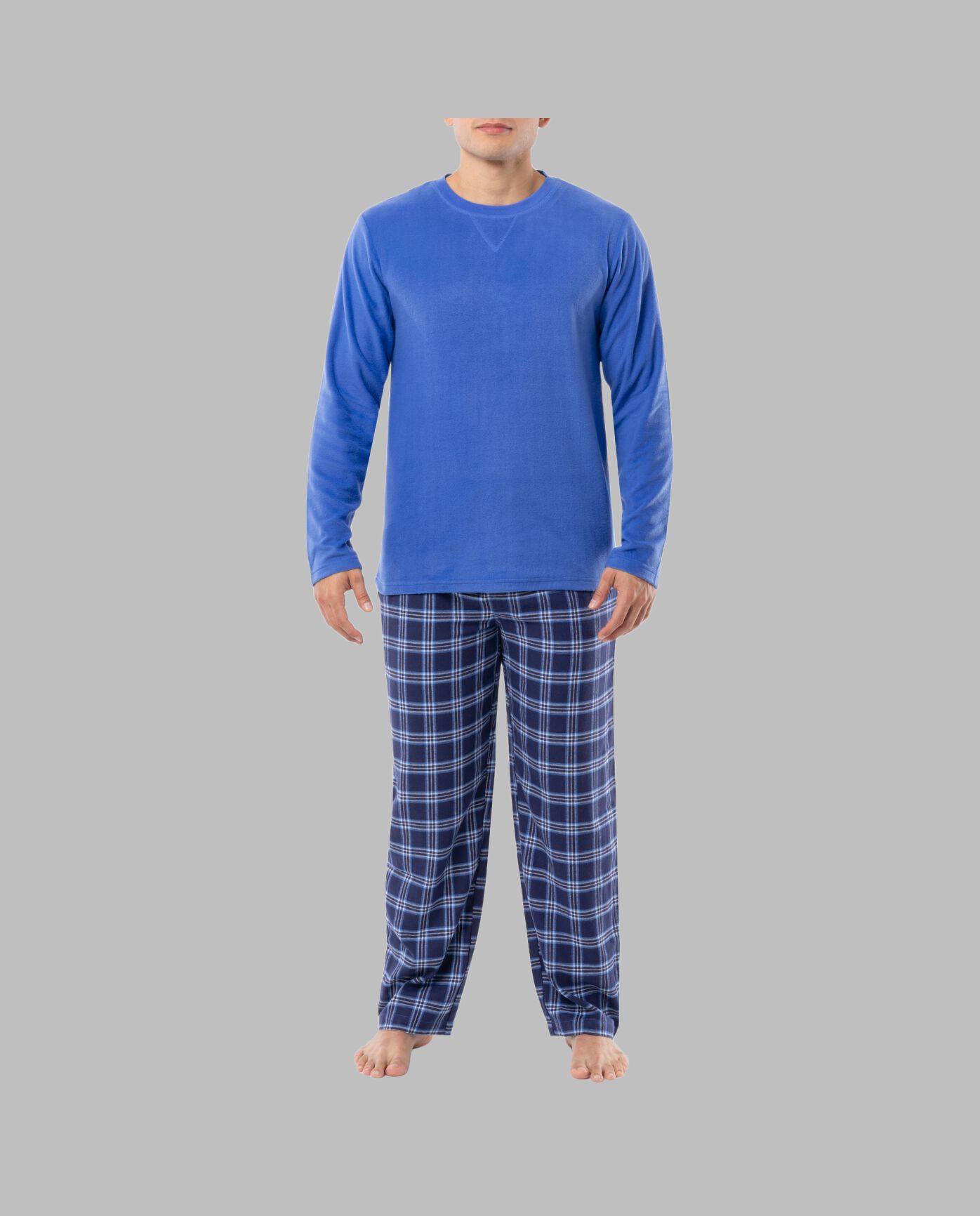 Fruit of the Loom Men's Long Sleeve Fleece Crew and Flannel Sleep Pant, 2 Piece Set BLUE