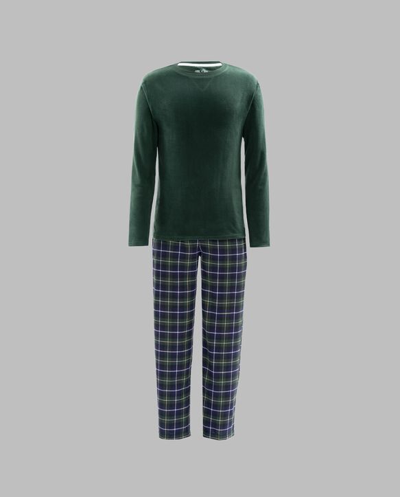 Fruit of the Loom Men's Long Sleeve Fleece Crew and Flannel Sleep Pant, 2 Piece Set GREEN