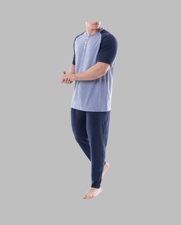 Fruit of the Loom Men's Jersey Short Sleeve Henley Top and Jogger Pant, 2 Piece Set INDIGO HEATHER/NAVY