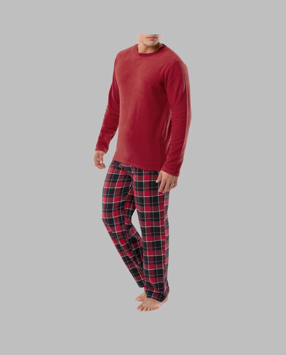 Fruit of the Loom Men's Long Sleeve Fleece Crew and Flannel Sleep Pant, 2 Piece Set RED