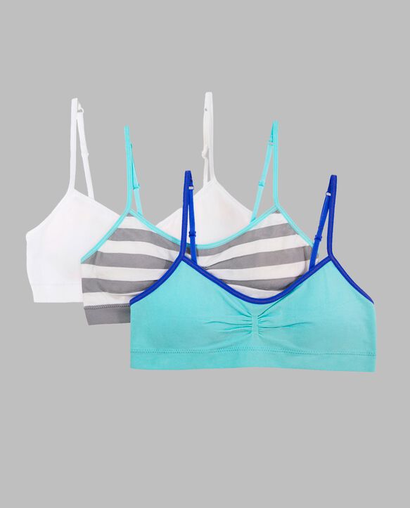 Girls' Seamless Trainer Bra with Removable Modesty Pads,  3 Pack MED STRIPE / SOFT BLUE / WHITE