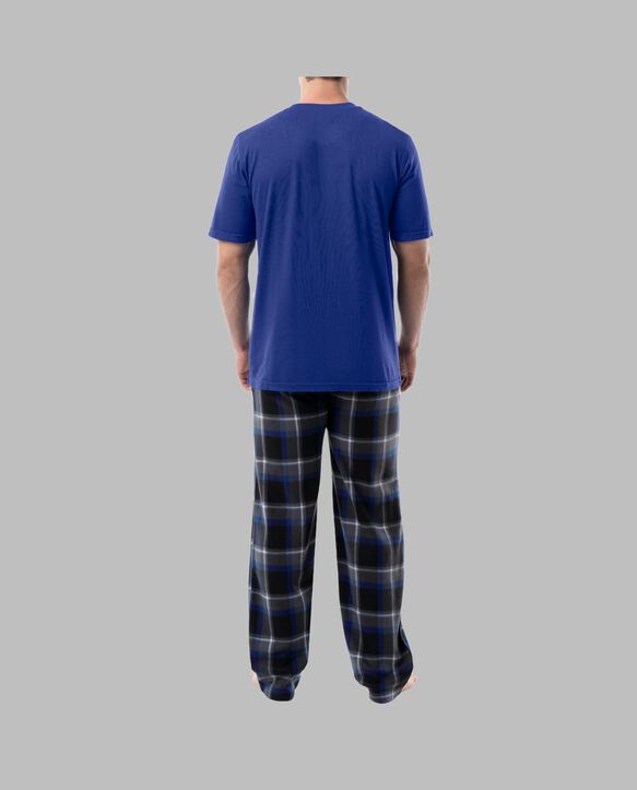 Fruit Of The Loom Men's Short Sleeve Jersey Knit Top and Fleece Sleep Pant, 2 Piece Set BLUE AND BLACK PLAID SET