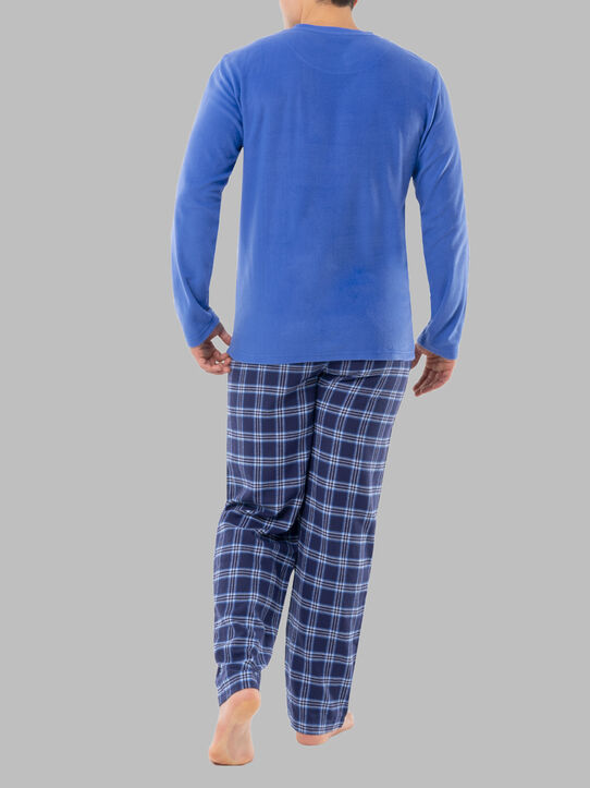 Fruit of the Loom Men's Long Sleeve Fleece Crew and Flannel Sleep Pant, 2 Piece Set BLUE