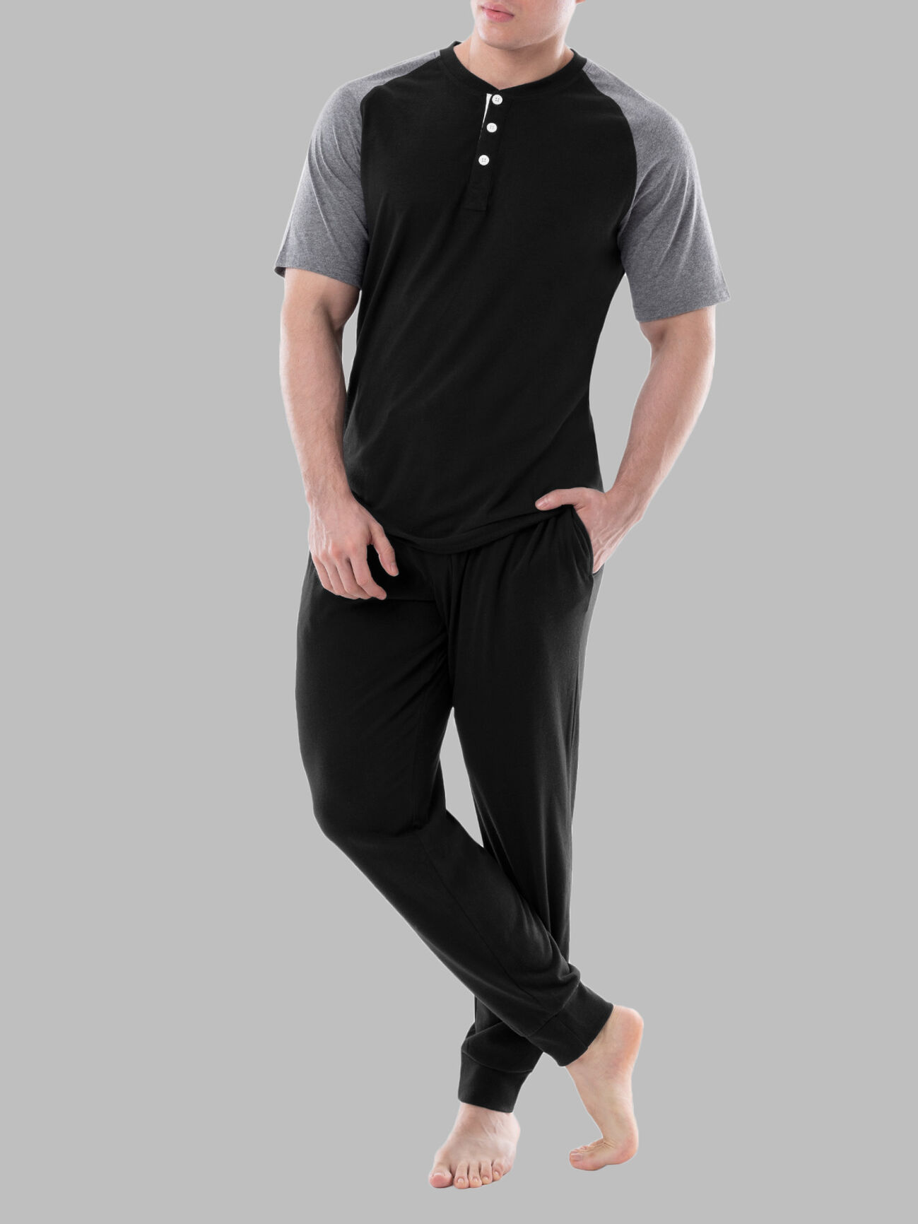 Fruit of the Loom Men's Jersey Short Sleeve Henley Top and Jogger Pant, 2 Piece Set BLACK/GREY HEATHER