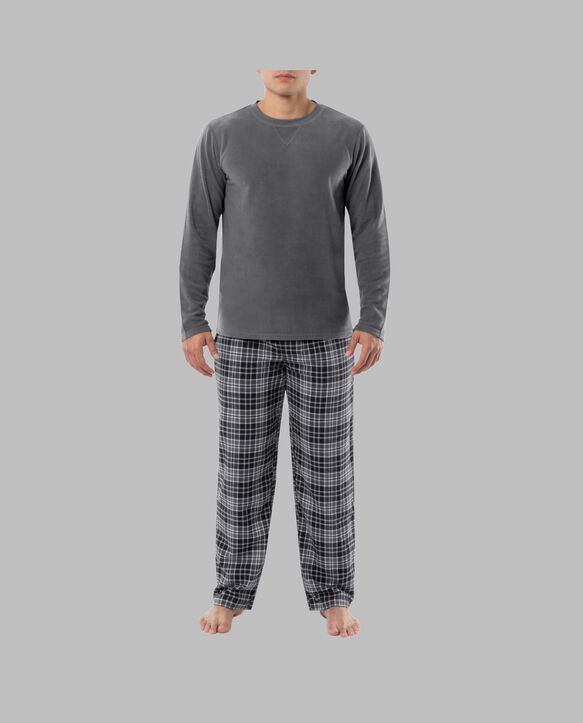 Fruit of the Loom Men's Long Sleeve Fleece Crew and Flannel Sleep Pant, 2 Piece Set GREY