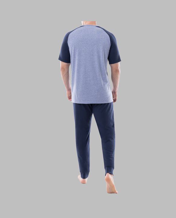 Fruit of the Loom Men's Jersey Short Sleeve Henley Top and Jogger Pant, 2 Piece Set INDIGO HEATHER/NAVY