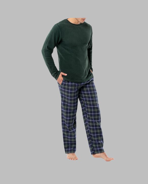 Fruit of the Loom Men's Long Sleeve Fleece Crew and Flannel Sleep Pant, 2 Piece Set GREEN